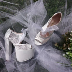 Bridal White Lace Shoes With Chunky High Heel Platforms 9 Bridal White Lace Shoes With Chunky High Heel Platforms -Tajna Shoes high heel lace bridal shoes 5