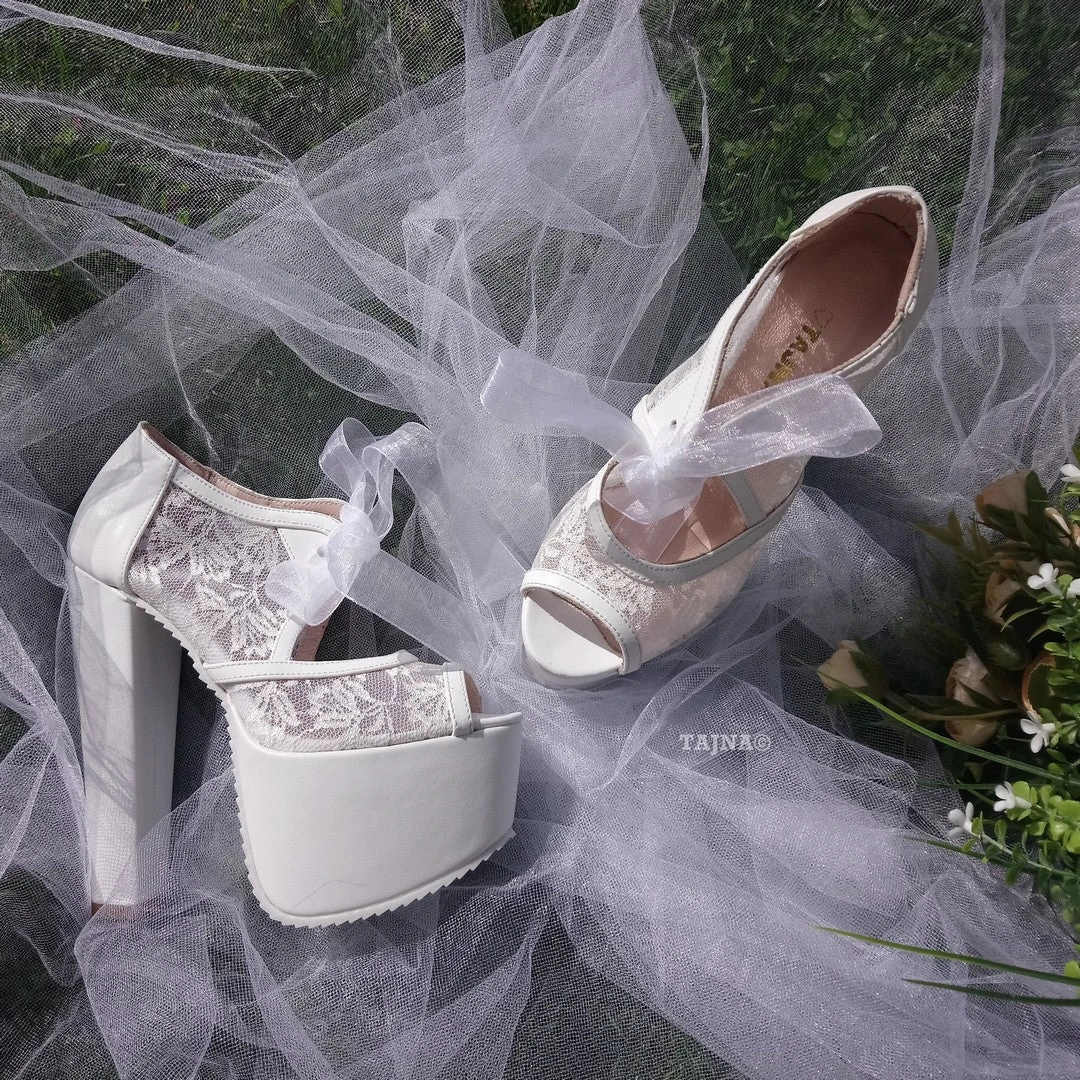 Bridal White Lace Shoes With Chunky High Heel Platforms 5 Bridal White Lace Shoes With Chunky High Heel Platforms - Image 5