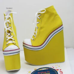 Yellow Lace Up High Heel Wedge Booties 7 Yellow Lace Up High Heel Wedge Booties -Tajna Shoes high heel platform shoes 1554