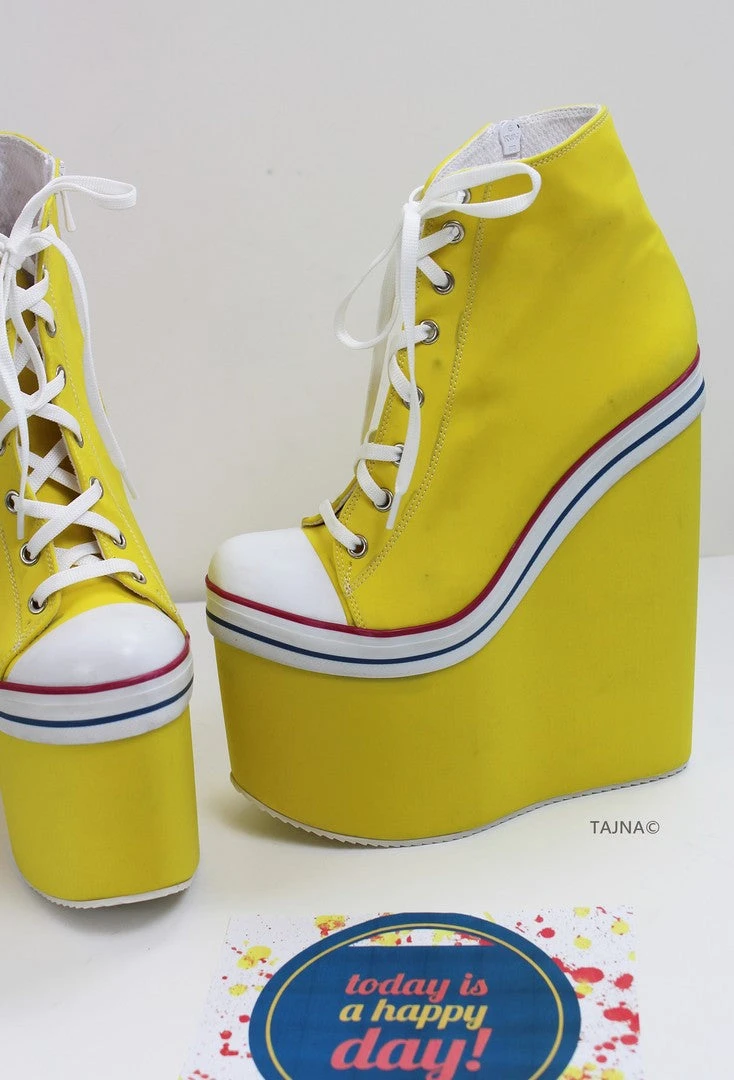 Yellow Lace Up High Heel Wedge Booties 5 Yellow Lace Up High Heel Wedge Booties - Image 5