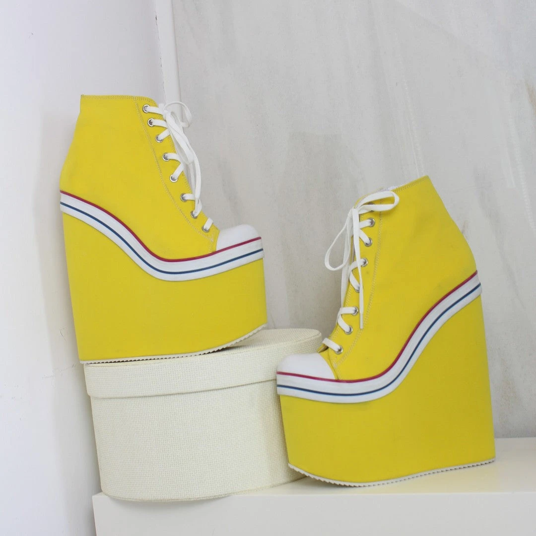 Yellow Lace Up High Heel Wedge Booties 2 Yellow Lace Up High Heel Wedge Booties - Image 2