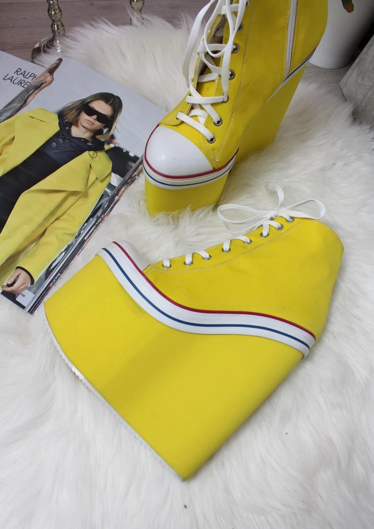 Yellow Lace Up High Heel Wedge Booties 4 Yellow Lace Up High Heel Wedge Booties - Image 4