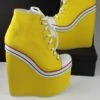 Yellow Lace Up High Heel Wedge Booties