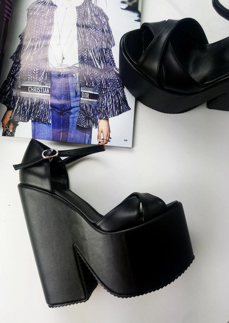 Black Cross Strap Platform Wedge Shoes 2 Black Cross Strap Platform Wedge Shoes - Image 2