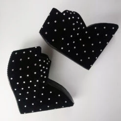 Black Suede Gem Stone Platform Wedge Mules -Tajna Shoes high heel platform shoes 1890