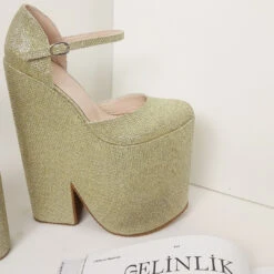 Gold Shiny High Heel Stylish Wedge Shoes -Tajna Shoes high heel platform shoes 2148