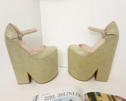 Gold Shiny High Heel Stylish Wedge Shoes -Tajna Shoes high heel platform shoes 2154