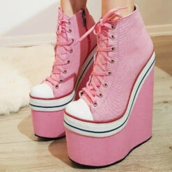 Pink Lace Up Sport High Heel Wedge Platform Booties