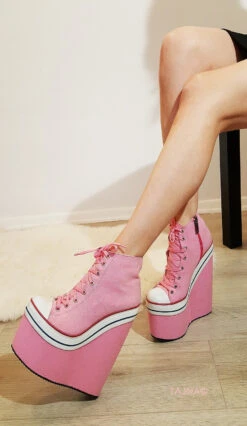 Pink Lace Up Sport High Heel Wedge Platform Booties -Tajna Shoes high heel platform shoes tajna 158