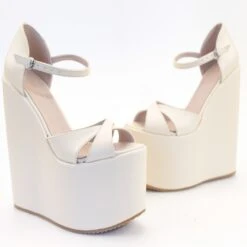 Cream Cross Strap High Heel Wedge Platform Shoes