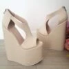 Peep Toe Cream Slit Side High Platform Wedge Shoes