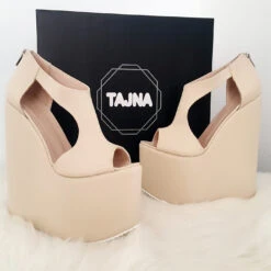 Peep Toe Cream Slit Side High Platform Wedge Shoes -Tajna Shoes high heel platform shoes tajna 358