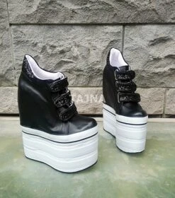 Black White Hook Pile Sport High Heel Wedge Platform Shoes -Tajna Shoes high heel platform shoes tajna 383