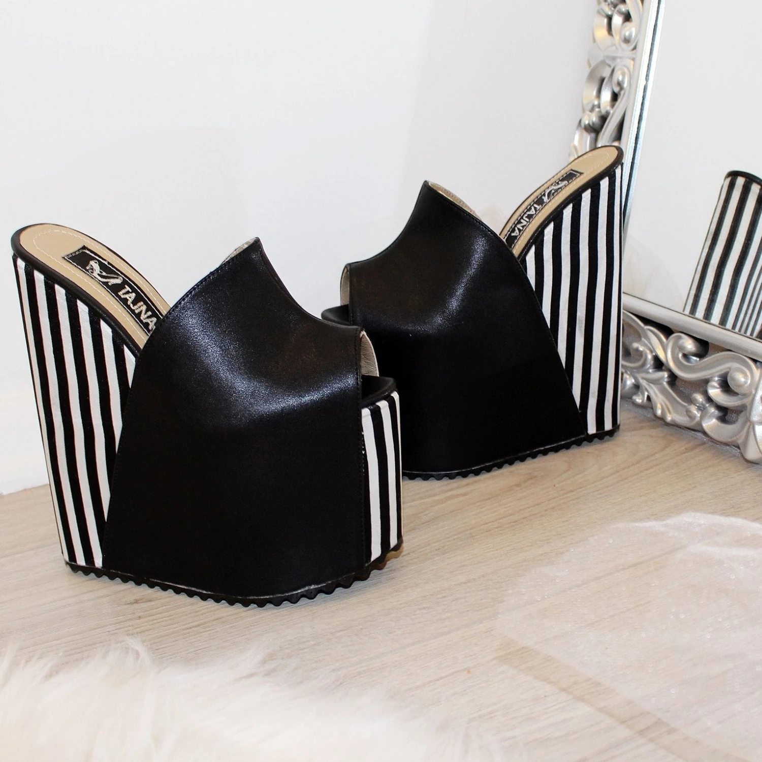 White Black Stripe Peep Toe Wedge Mules 5 White Black Stripe Peep Toe Wedge Mules - Image 5