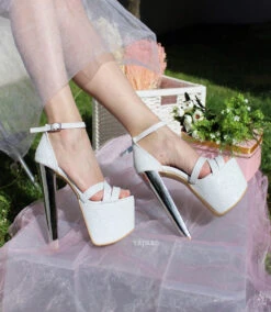 Cross Strap White Silver Shimmer Bridal Platform Shoes -Tajna Shoes high heel platform wedding shoes 19 cm 2