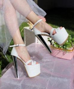 Cross Strap White Silver Shimmer Bridal Platform Shoes -Tajna Shoes high heel platform wedding shoes 19 cm 5