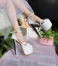 Cross Strap White Silver Shimmer Bridal Platform Shoes -Tajna Shoes high heel platform wedding shoes 19 cm 7