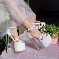 Tajna Shoes 6 Cross Strap White Silver Shimmer Bridal Platform Shoes