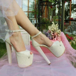Ankle Strap 19 Cm High Heel Wedding Shoes Ivory Lace