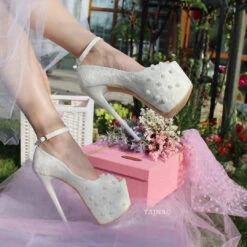 Cream White Lace With Pearl Platform Bridal Shoes -Tajna Shoes high heel wedding shoes 20 cm bridal platforms 4