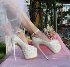 Cream White Lace With Pearl Platform Bridal Shoes -Tajna Shoes high heel wedding shoes 20 cm bridal platforms 5
