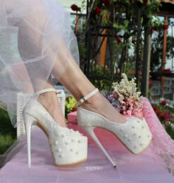 Cream White Lace With Pearl Platform Bridal Shoes -Tajna Shoes high heel wedding shoes 20 cm bridal platforms 6
