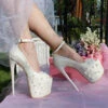 Cream White Lace With Pearl Platform Bridal Shoes