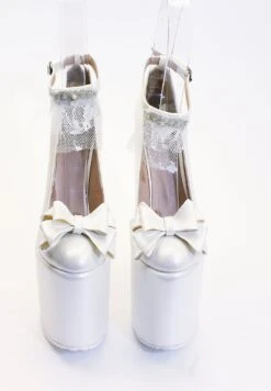 Ivory White Ribbon Wedding High Heel Platform Wedge Shoes -Tajna Shoes high heel wedding shoes 3