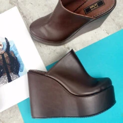 Chocolate Brown Platform Sabo Wedge Mules