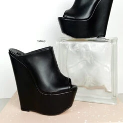 Peep Toe Black High Heel Wedge Mules