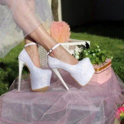 Ankle Strap White Lace High Heel Platform Bride Shoes -Tajna Shoes high heel women shoes 106