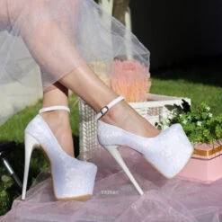 Ankle Strap White Lace High Heel Platform Bride Shoes -Tajna Shoes high heel women shoes 108