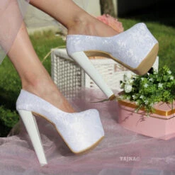 White Lace 19 Cm High Heel Platform Bride Shoes -Tajna Shoes high heel women shoes 113
