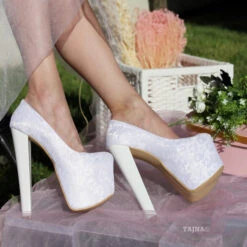 White Lace 19 Cm High Heel Platform Bride Shoes -Tajna Shoes high heel women shoes 116