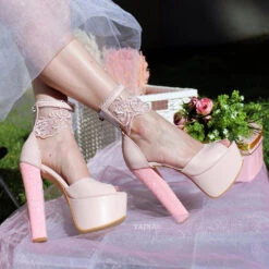 Powder Pink Lace High Heel Platform Bride Shoes -Tajna Shoes high heel women shoes 139