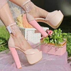 Powder Pink Lace High Heel Platform Bride Shoes -Tajna Shoes high heel women shoes 140
