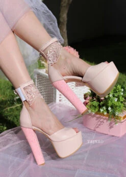 Powder Pink Lace High Heel Platform Bride Shoes -Tajna Shoes high heel women shoes 142