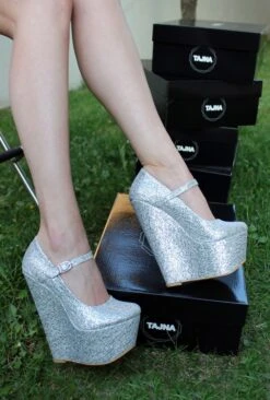 Silver Shiny Heel Wedge Shoes -Tajna Shoes high heel women shoes 161