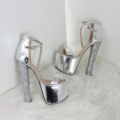 Single Strap Silver Shiny Platform Heels