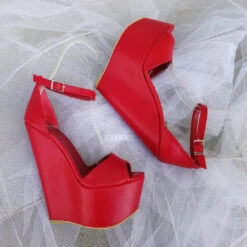 Red Ankle Strap 16 Cm Heel Wedge Sandals -Tajna Shoes high heel women shoes 205