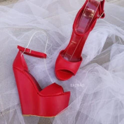 Red Ankle Strap 16 Cm Heel Wedge Sandals -Tajna Shoes high heel women shoes 206