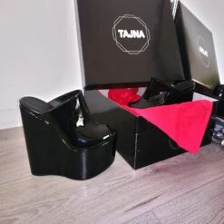 Black Patent Leather Peep Toe High Heel Wedge Mules -Tajna Shoes high heel women shoes 256
