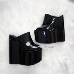 Black Patent Leather Peep Toe High Heel Wedge Mules -Tajna Shoes high heel women shoes 257
