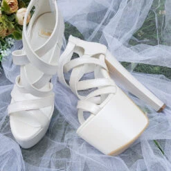 Multi Cross Strapped Ivory Heel Heel Platforms -Tajna Shoes high heel women shoes 29