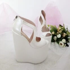 Ivory White Slit Wedding Platform Wedge Shoes 21 Cm -Tajna Shoes high heel women shoes 293