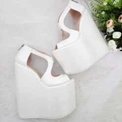 Ivory White Slit Wedding Platform Wedge Shoes 21 Cm -Tajna Shoes high heel women shoes 294
