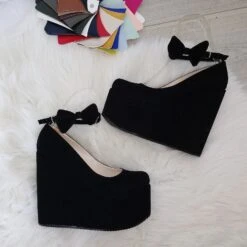 Ankle Strap Black Faux Suede High Heel Wedge Shoes