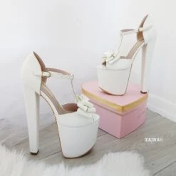 White Ribbon Ankle Strap High Heel Platform Bride Shoes -Tajna Shoes high heel women shoes 300