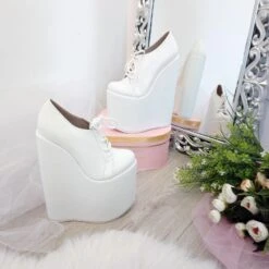 White Lace Up High Heel Wedge Shoes Wedding / Bridal