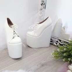White Lace Up High Heel Wedge Shoes Wedding / Bridal -Tajna Shoes high heel women shoes 324